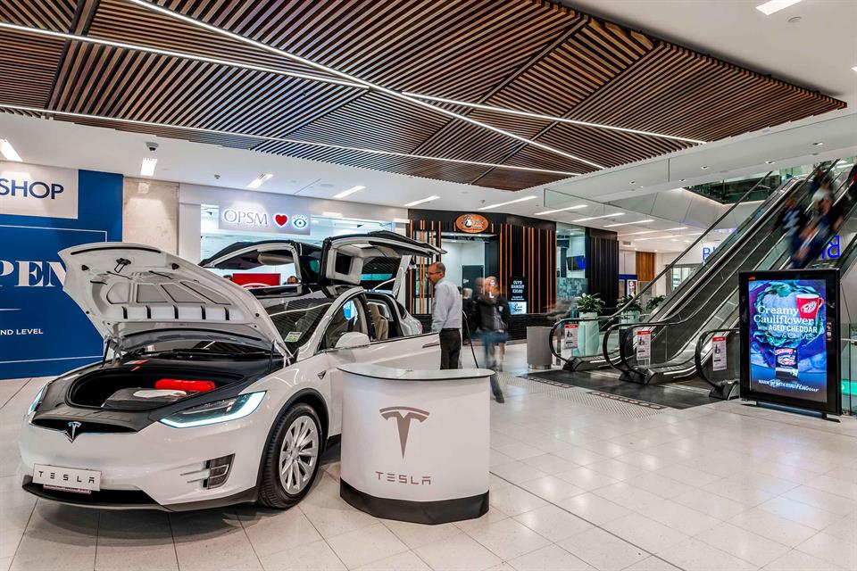 Tesla car being displayed in ground floor 